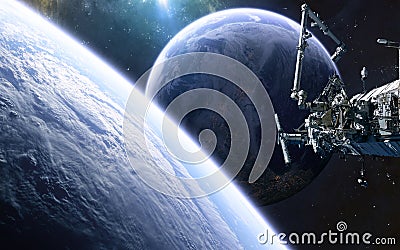 Inhabited planet, space station in deep space. Science fiction Stock Photo