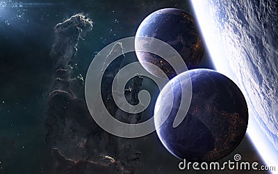 Inhabited planets of deep space against background of the Pillars of Creation. Beautiful deep space landscape Stock Photo