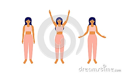 Relax morning workout, inhale exhale vector illustration with young woman raising hands up, taking deep breath, down exhales Vector Illustration