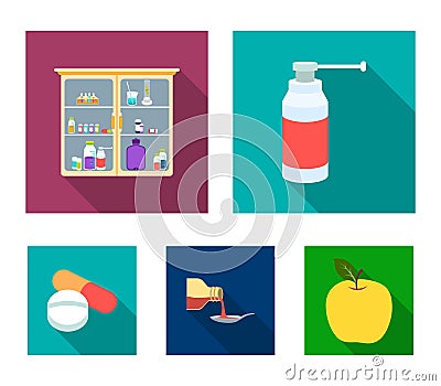 Inhaler, medical cabinet, tablets, syrup in a spoon.Mtdicine set collection icons in flat style vector symbol stock Vector Illustration