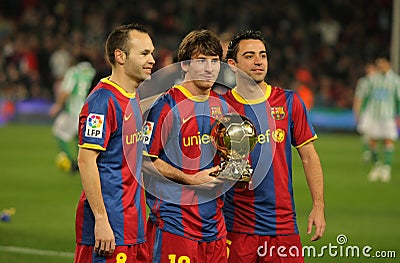 Iniesta, Messi and Xavi of Barcelona Editorial Stock Photo