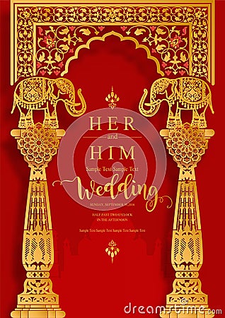 Indian wedding Invitation carddian wedding Invitation card templates with gold patterned and crystals on paper color Background. Vector Illustration