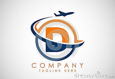 Initial alphabet D with aeroplane. Travel icons. Aviation logo sign, Flying symbol. Flight icon Vector Illustration