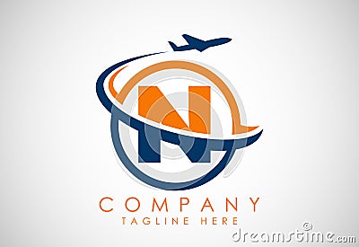Initial alphabet N with aeroplane. Travel icons. Aviation logo sign, Flying symbol. Flight icon Vector Illustration