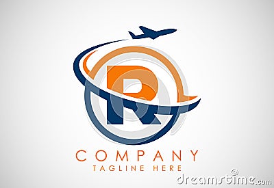 Initial alphabet R with aeroplane. Travel icons. Aviation logo sign, Flying symbol. Flight icon Vector Illustration