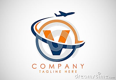 Initial alphabet V with aeroplane. Travel icons. Aviation logo sign, Flying symbol. Flight icon Vector Illustration