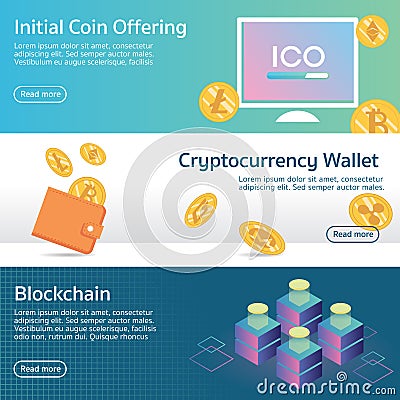 Initial coin offering cryptocurrency set banner vector Vector Illustration