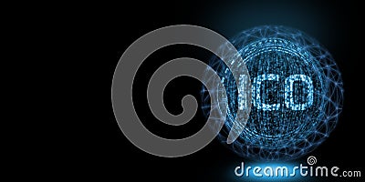 Initial Coin Offering global concept. Glowing binary text with wire mesh surrounding Stock Photo