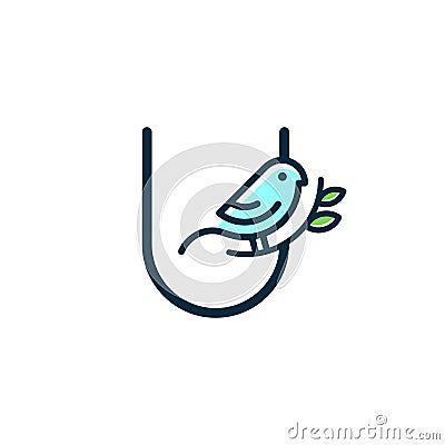 Initial cute blue bird U Vector Illustration