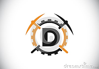 Initial D monogram letter alphabet with pickaxe and gear sign. Mining logo design concept. Modern vector logo for mining business Vector Illustration