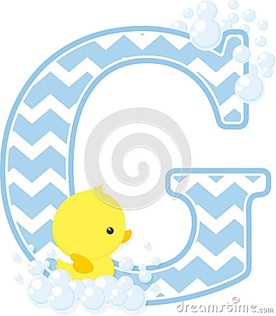 Initial g with bubbles and cute baby rubber duck Vector Illustration