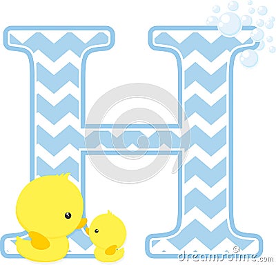 Initial h with cute baby rubber duck Vector Illustration