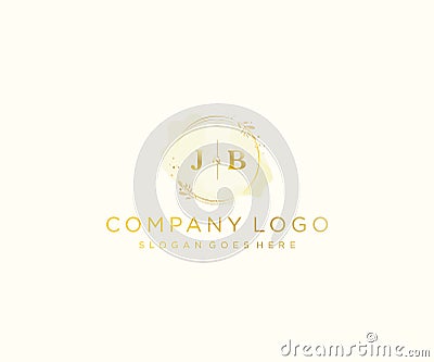 initial JB letters Colorful watercolor splash with geometry golden leaf frame Vector Illustration