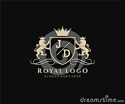 Initial JD Letter Lion Royal Luxury Heraldic,Crest Logo template in vector art for Restaurant, Royalty, Boutique, Cafe, Hotel, Vector Illustration