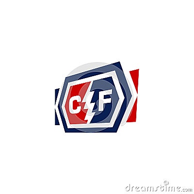 Initial letter C F with lightning bolt hexagon shape in blue and red Vector Illustration