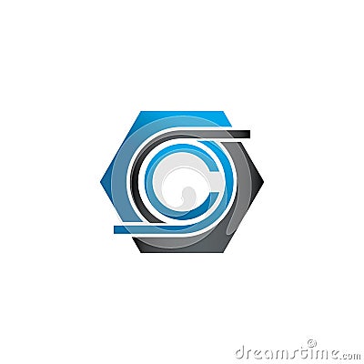Initial letter C with hexagon shape in blue Vector Illustration