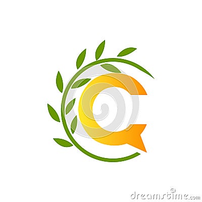 Initial letter C with paper and leaf shape in green and orange Vector Illustration