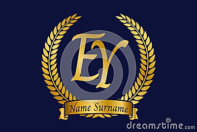 Initial letter E and Y, EY monogram logo design with laurel wreath. Luxury golden calligraphy font Vector Illustration