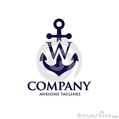 Initial letter w with Anchor blue color logo Vector Illustration