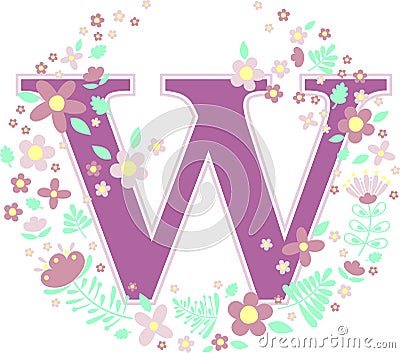 Baby name initial w with flowers Vector Illustration
