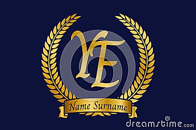 Initial letter Y and E, YE monogram logo design with laurel wreath. Luxury golden calligraphy font Vector Illustration