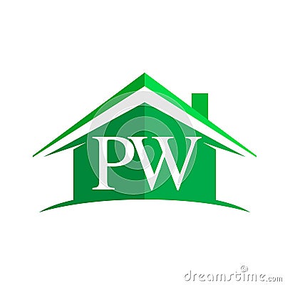initial logo PW with house icon and green color, business logo and property developer Vector Illustration