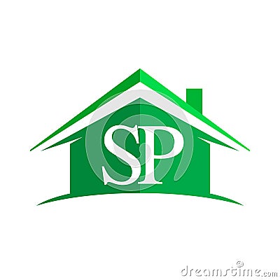 initial logo SP with house icon and green color, business logo and property developer Vector Illustration