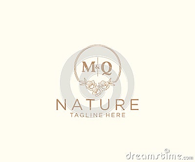 initial MQ letters floral frames. Botanical feminine editable premade monoline unique decoration for greeting card, wedding Stock Photo