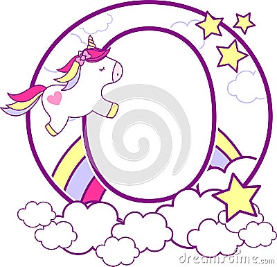 Initial o with cute unicorn and rainbow Vector Illustration