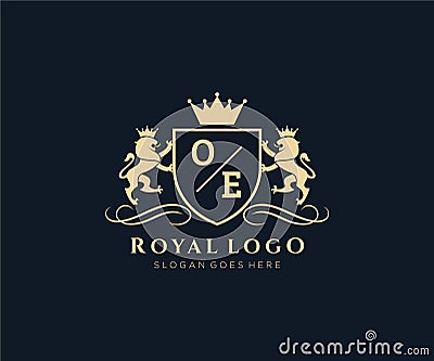 QInitial OE Letter Lion Royal Luxury Heraldic,Crest Logo template in vector art for Restaurant, Royalty, Boutique, Cafe, Hotel, Cartoon Illustration