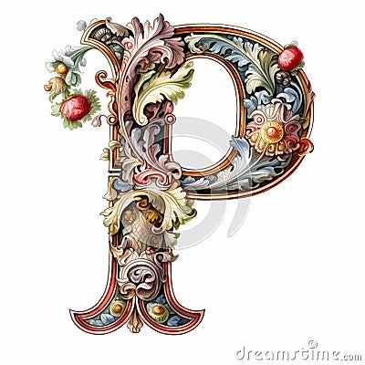 Initial P Rococo Style Stock Photo