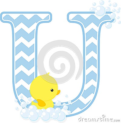 Initial u with cute baby rubber duck Vector Illustration