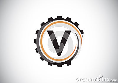 Initial V monogram alphabet in a gear spiral. Gear engineer logo design. Logo for automotive, mechanical, technology, setting, Vector Illustration