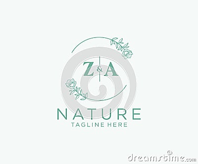 initial ZA letters Botanical feminine logo template floral, editable premade monoline logo suitable, Luxury feminine wedding Stock Photo