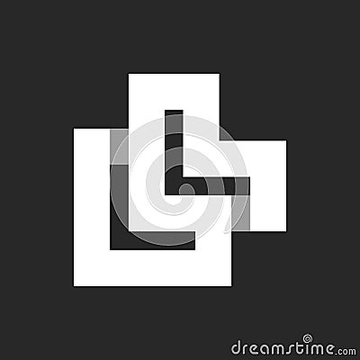 Initials bold letters LL monogram logo wide lines on a black background. Overlapping white stripes in shape two letters L creative Vector Illustration