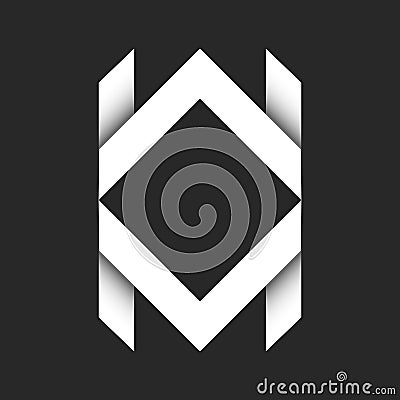 Initials WM or MW monogram logo with geometric rhombus shape negative space, sharp symmetry and 3d shadow effect on dark Vector Illustration