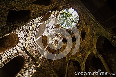 The Initiation well of Quinta da Regaleira in Sintra. The depth of the well is 27 meters. It connects with other tunnels through u Editorial Stock Photo