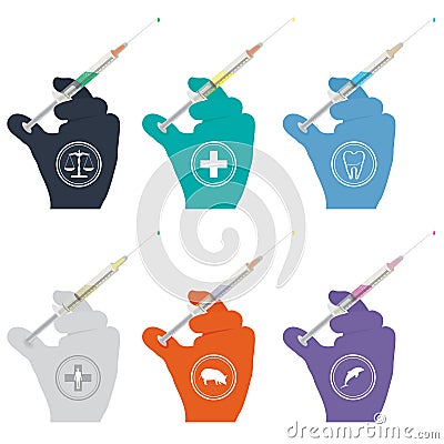 Inject the rubber gloves green, blue, orange and purple. Stock Photo