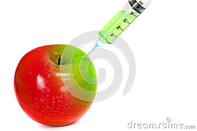 Injection green into red fresh wet apple with syringe on white background for renew energy , therapy or refresh or boost up energy Stock Photo