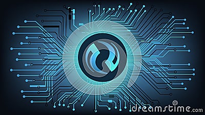 Injective Protocol INJ cryptocurrency token symbol of the DeFi project in circle on abstract digital background with pcb tracks. Vector Illustration