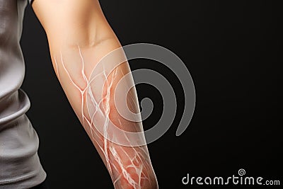 Injured adult female with elbow pain, illustrating lateral epicondylitis on gray background Stock Photo
