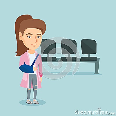 Injured caucasian woman with broken arm. Vector Illustration