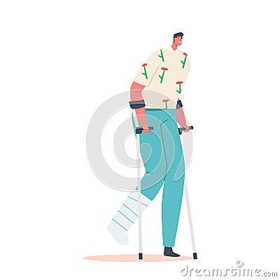 Injured Character Stand on Crutches with Bandaged Leg. Correction of Lost Physical Body Abilities with Therapeutic Help Vector Illustration