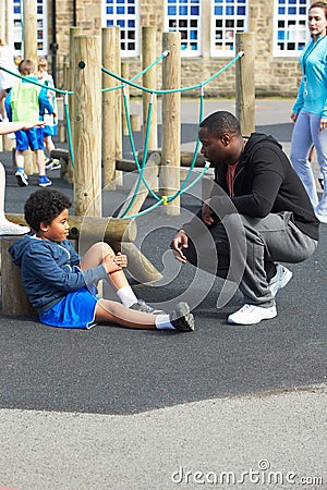 Injured Child During School Physical Education Class Stock Photo