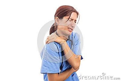 Injured hospital woman nurse or doctor holding painful shoulder Stock Photo