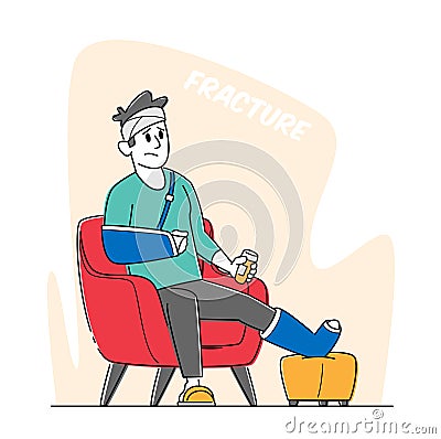 Injured Patient Man with Bounded Leg, Head and Arm Holding Bottle with Pills Sit in Armchair at Home or Hospital Vector Illustration