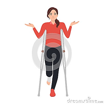 Injured woman on crutches flat color vector faceless character. Female patient with broken leg in plaster, physical trauma Vector Illustration