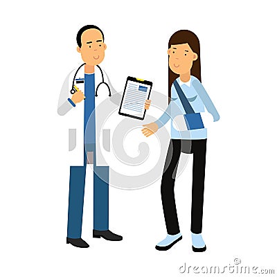 Injured young brunette woman with arm in plaster talking to a doctor colorful Illustration Stock Photo