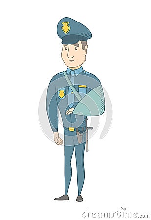 Injured young caucasian policeman with broken arm. Vector Illustration