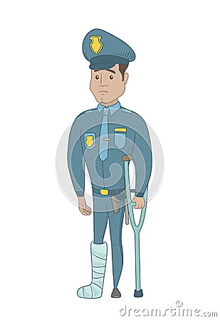 Injured young hispanic policeman with broken leg. Vector Illustration